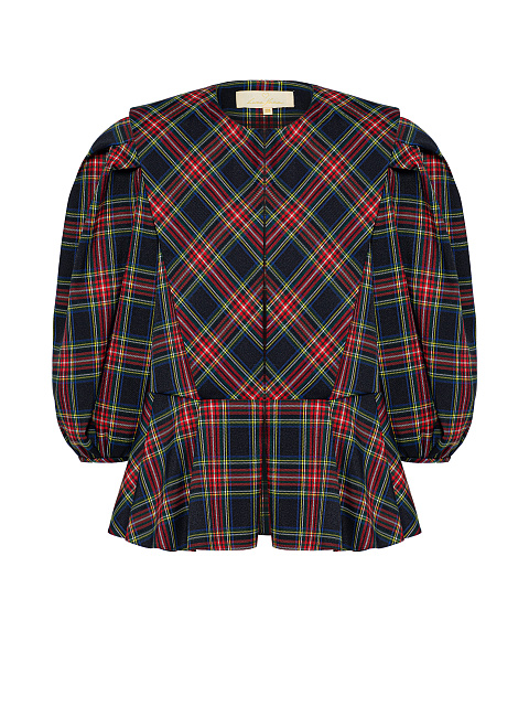 Укороченный жакет в красно-синюю клетку с объемными рукавами, 1
