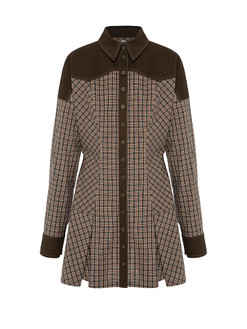 Коричневое платье-мини в клетку с отделкой из денима, 1