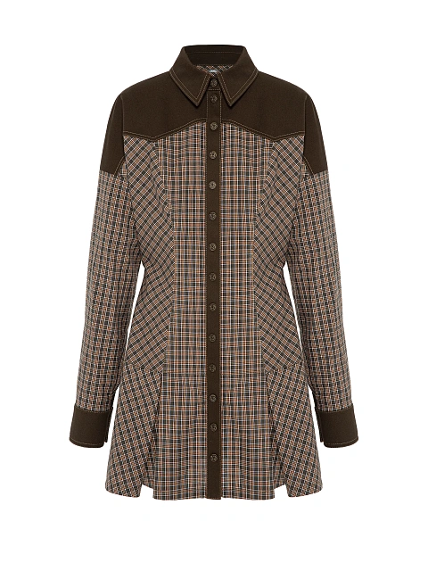 Коричневое платье-мини в клетку с отделкой из денима, 1