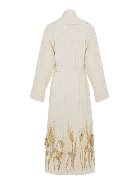 Молочное вязаное пальто из кашемира с вышивкой, 2