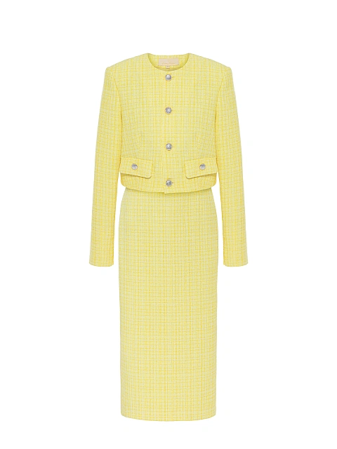 Желтый твидовый костюм из жакета и юбки-миди, 1