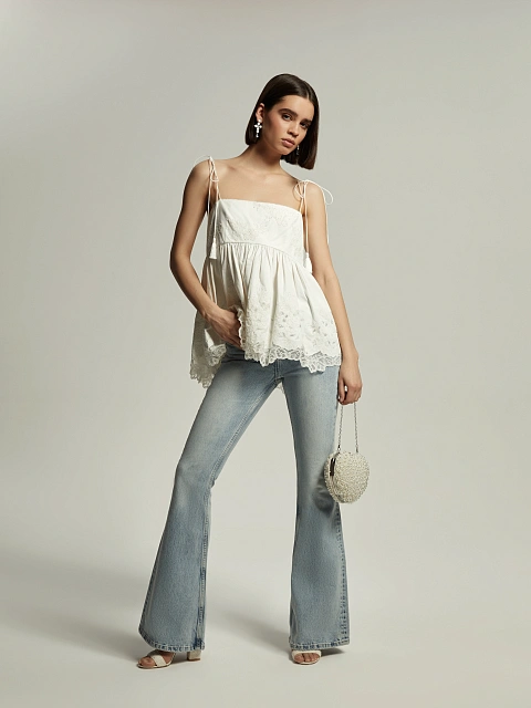 Расклешенные голубые джинсы из хлопка, 4