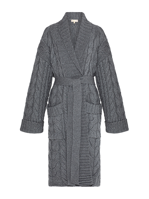 Темно-серое вязаное пальто из кашемира и шерсти мериноса с косами, 1