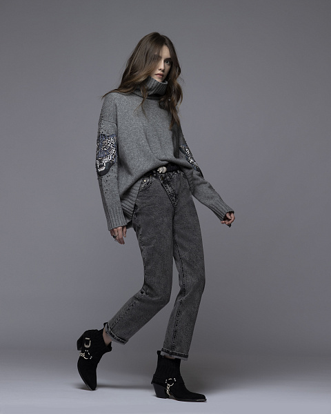 Серый кашемировый свитер с вышивкой, 4