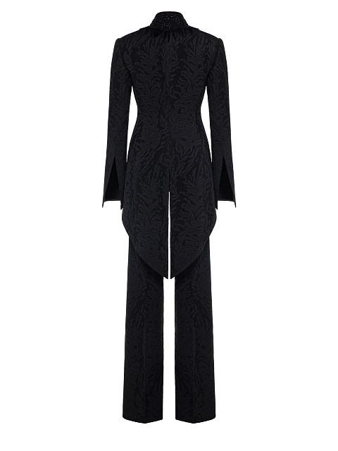 Черный костюм-тройка из жаккарда с кружевом и перьями, 13