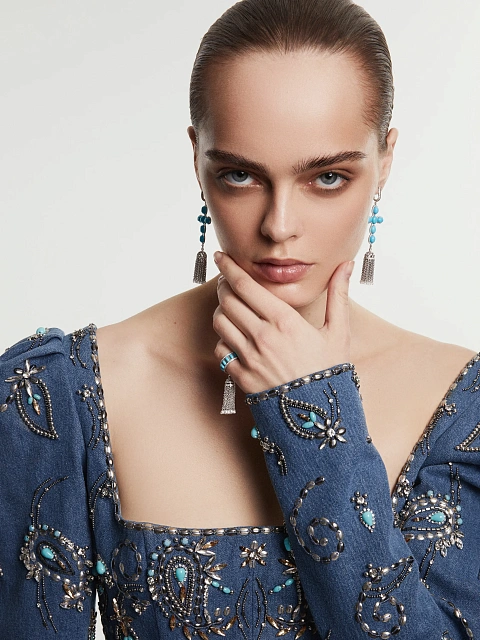 Серьги-кисти из белого золота с бриллиантами и крестами из бирюзы, 2 Серьги-кисти из белого золота с бриллиантами и крестами из бирюзы, 2