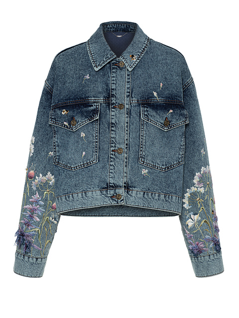 Синяя джинсовая куртка с цветочной вышивкой, 1