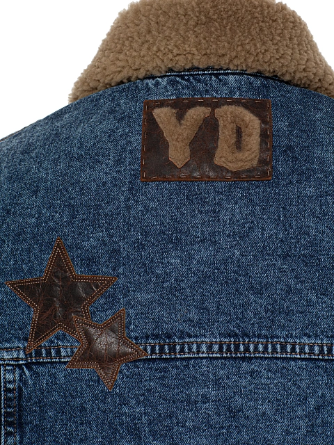 Синяя джинсовая куртка с отделкой из кожи и подкладом из овчины, 5