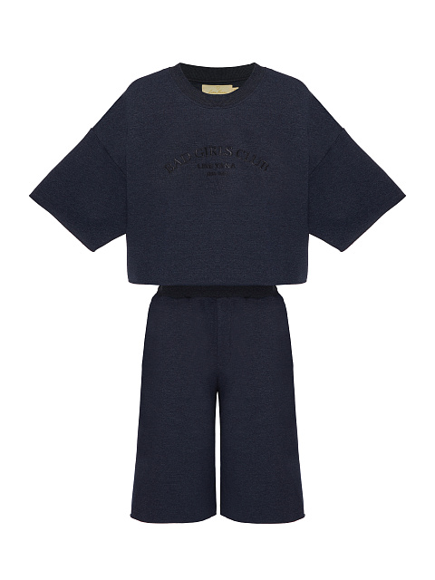 Темно-синий костюм с бермудами и тональной вышивкой, 1