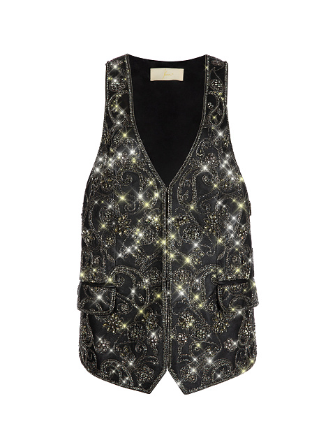 Черный кожаный жилет с вышивкой кристаллами и бисером, 1