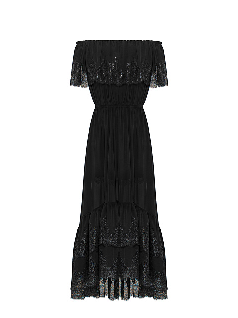 Черное платье-миди из шифона с кружевом, 1