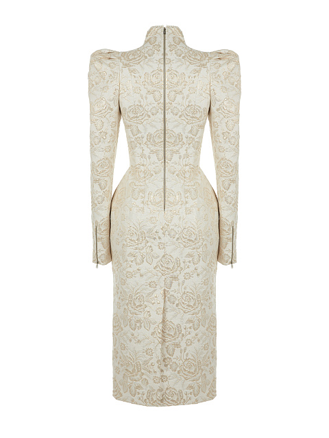 Платье-миди из бежевой парчи с золотистыми цветами, 2