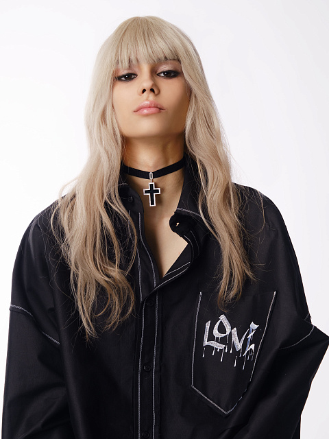 Укороченная черная хлопковая рубашка с вышивкой Love, 5