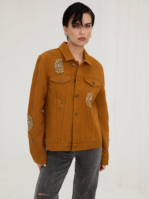 Коричневая куртка из денима с кристаллами и бисером, 2 Коричневая куртка из денима с кристаллами и бисером, 2