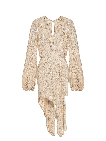 Бежевое асимметричное платье-мини в стразах, 1