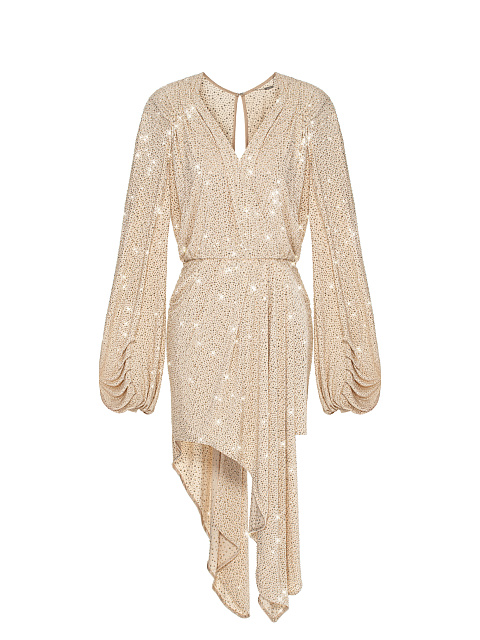 Бежевое асимметричное платье-мини в стразах, 1