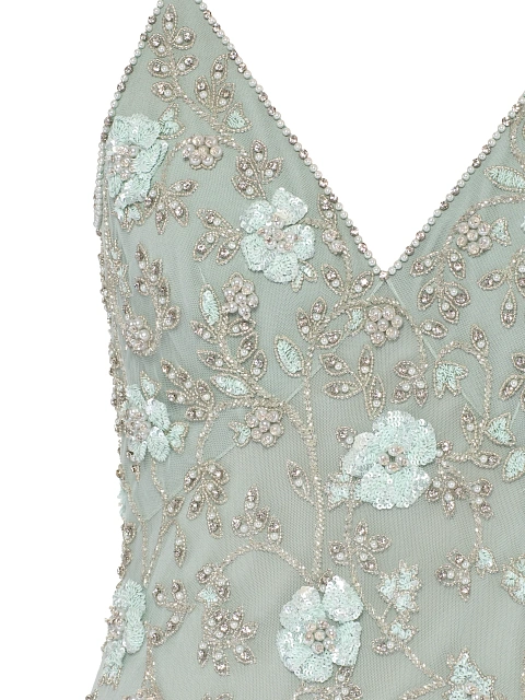 Зеленое платье-макси из шифона с вышивкой и перьями, 3