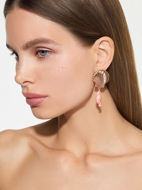 Серьги-ракушки из розового золота с кораллом, 2 Серьги-ракушки из розового золота с кораллом, 2