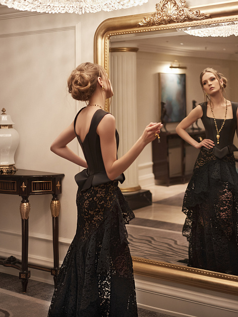 Черное кожаное платье-макси с кружевом, 6