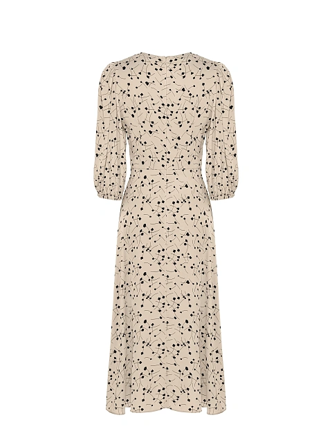 Бежевое платье-миди с рукавами-фонариками и принтом, 2