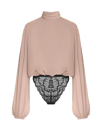 Персиковая блуза-боди с кружевом, 1