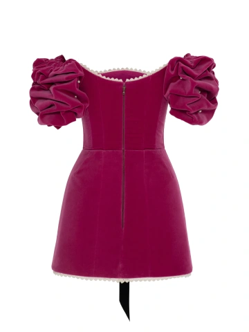 Розовое платье-мини из бархата с бантом, 2