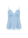 Голубой шелковый топ с кружевом