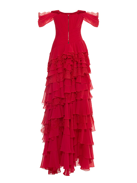 Красное платье-макси из шелка с кружевом и перьями, 7