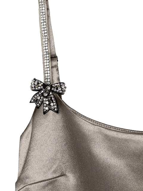 Серебристое платье-мини из атласа с бантами из страз, 3