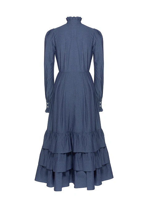 Синее платье-миди из хлопка с рюшами, 2
