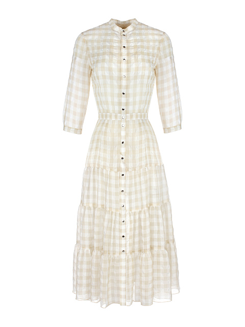 Бежевое платье-миди из тонкого шифона в клетку, 1 Бежевое платье-миди из тонкого шифона в клетку, 1