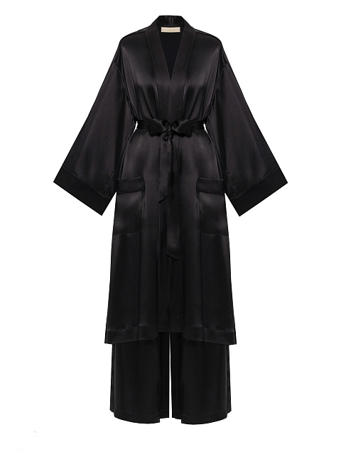 Черный шелковый домашний костюм из халата с поясом и брюк, 1