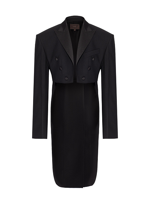 Жакет-фрак черного цвета с атласными лацканами, рукава со шлицами, 1 Жакет-фрак черного цвета с атласными лацканами, рукава со шлицами, 1