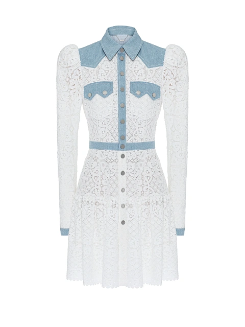 Белое платье-мини из кружева с отделкой из голубого денима, 1