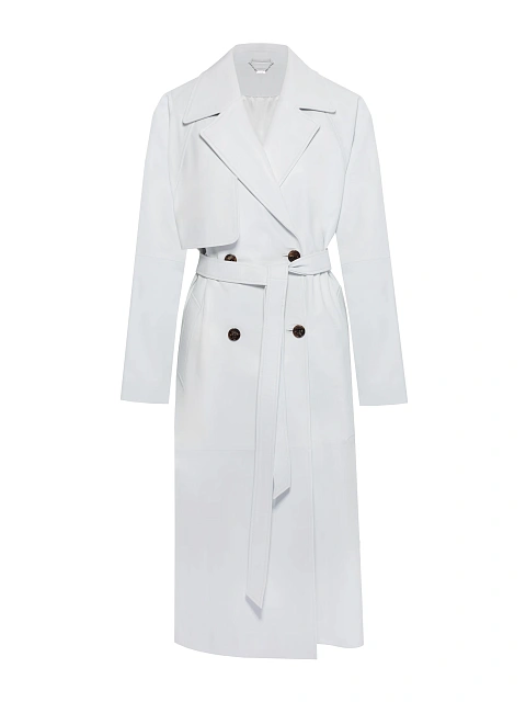 Белый двубортный тренч из кожи, 7