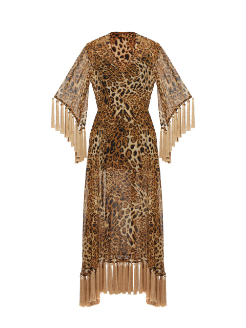 Платье-миди из шифона с леопардовым принтом и бахромой, 1