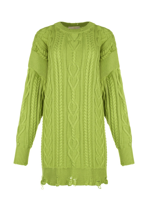 Зеленое вязаное платье-свитер с косами, 1
