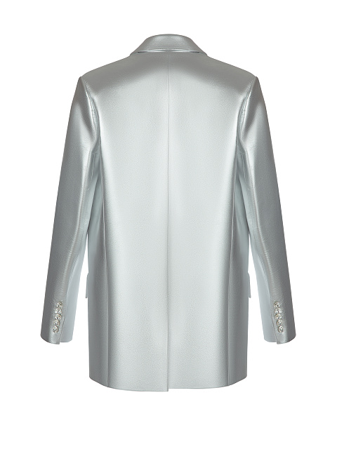 Серебряный однобортный жакет из кожи, 2