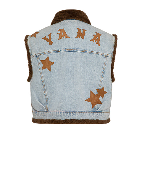 Голубой джинсовый жилет со звездами и коричневым подкладом из овчины, 2