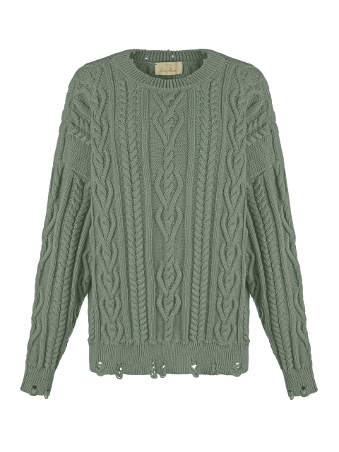Зеленый унисекс хлопковый свитер с косами, 1