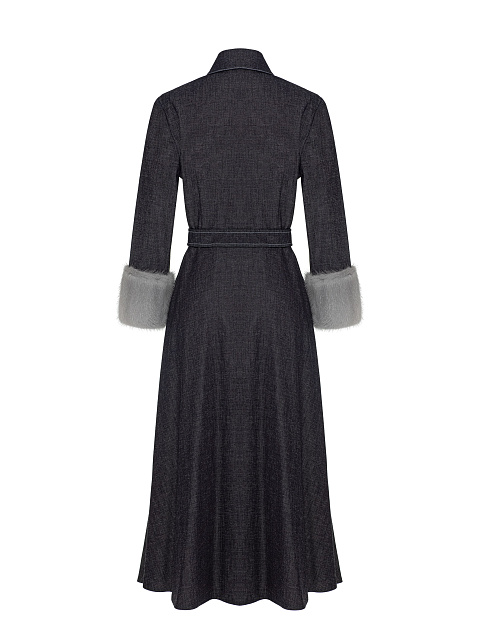 Черное платье-рубашка из денима с меховыми манжетами, 2