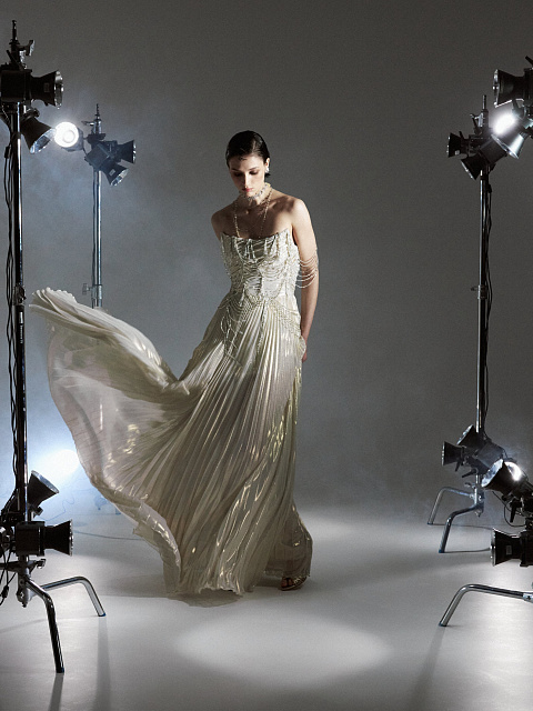 Золотистое платье-макси из шифона с вышивкой, 5