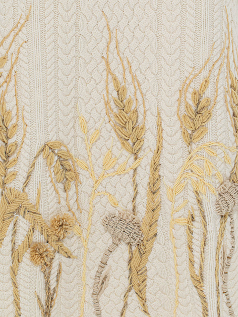 Молочное вязаное пальто из кашемира с вышивкой, 3