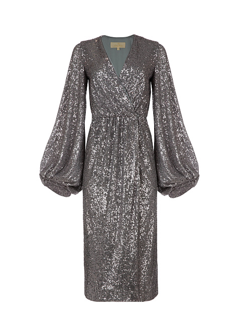 Серое платье-миди на запах в пайетках, 1 Серое платье-миди на запах в пайетках, 1