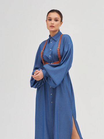 Синее хлопковое платье-рубашка с объемными рукавами, 2