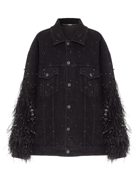 Черная объемная куртка из денима с перьями и стразами, 1