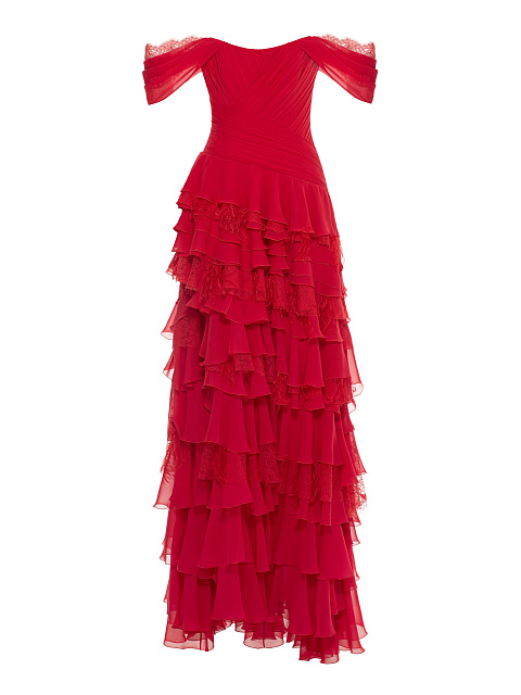 Красное платье-макси из шелка с кружевом и перьями, 1