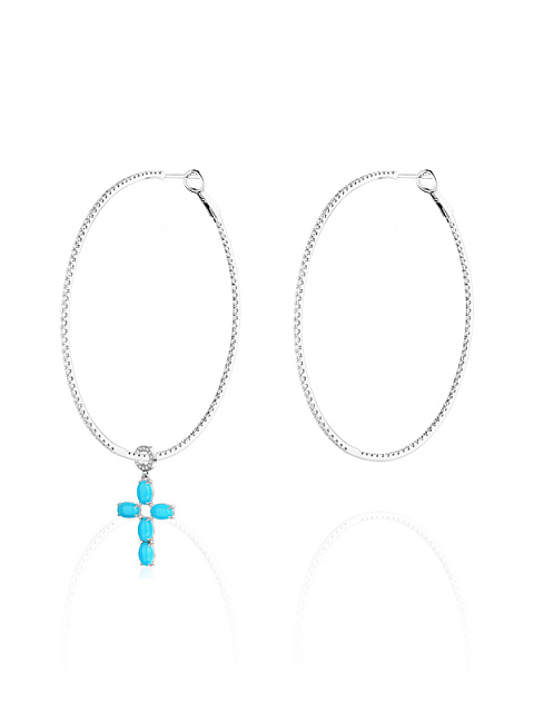 Подвеска-крест на хупсы из белого золота с бриллиантами и бирюзой, 2