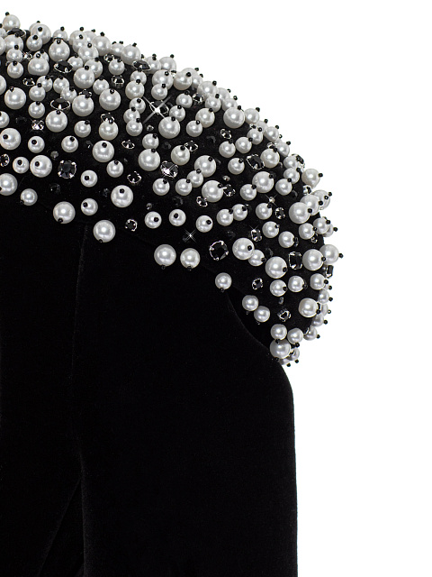 Черное платье-мини из бархата с жемчугом и стразами, 3