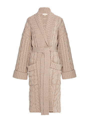 Бежевое вязаное пальто из кашемира и шерсти мериноса с косами, 1